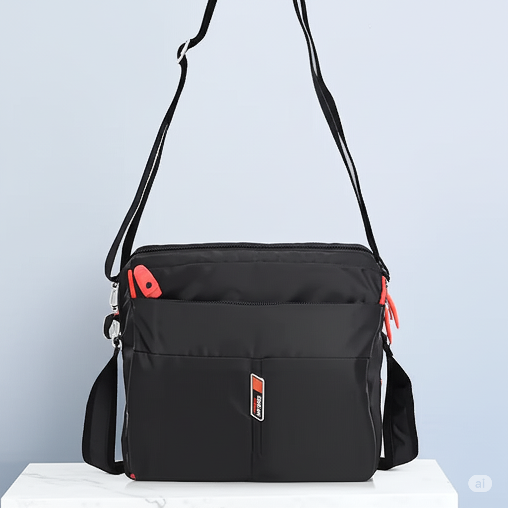 Men's Black Sports Crossbody Bag Nylon Messenger Bag with Orange Accents with sidechain