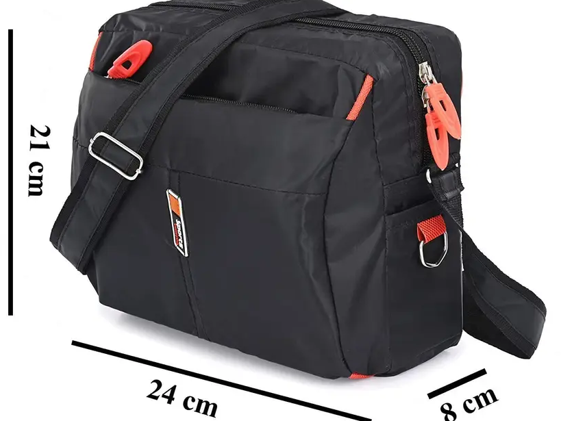 Men's Black Sports Crossbody Bag Nylon Messenger Bag with Orange Accents with sidechain