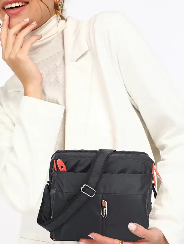 Men's Black Sports Crossbody Bag Nylon Messenger Bag with Orange Accents with sidechain
