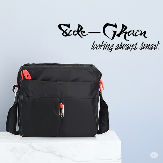 Men's Black Sports Crossbody Bag Nylon Messenger Bag with Orange Accents with sidechain