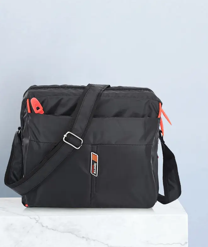 Men's Black Sports Crossbody Bag Nylon Messenger Bag with Orange Accents with sidechain
