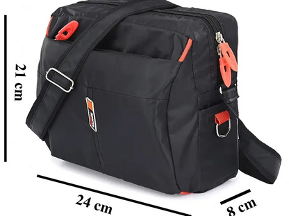 Men's Black Sports Crossbody Bag Nylon Messenger Bag with Orange Accents with sidechain
