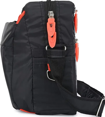 Men's Black Sports Crossbody Bag Nylon Messenger Bag with Orange Accents with sidechain